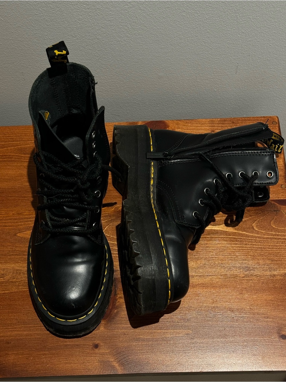 Dr. Martens Black Leather Platform Lace-Up Boots with Yellow Stitching